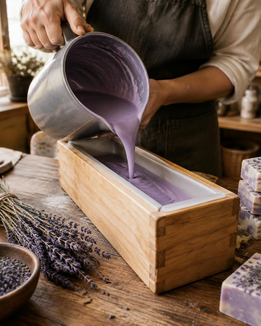 Artisan pouring purple soap batter into a wooden mold